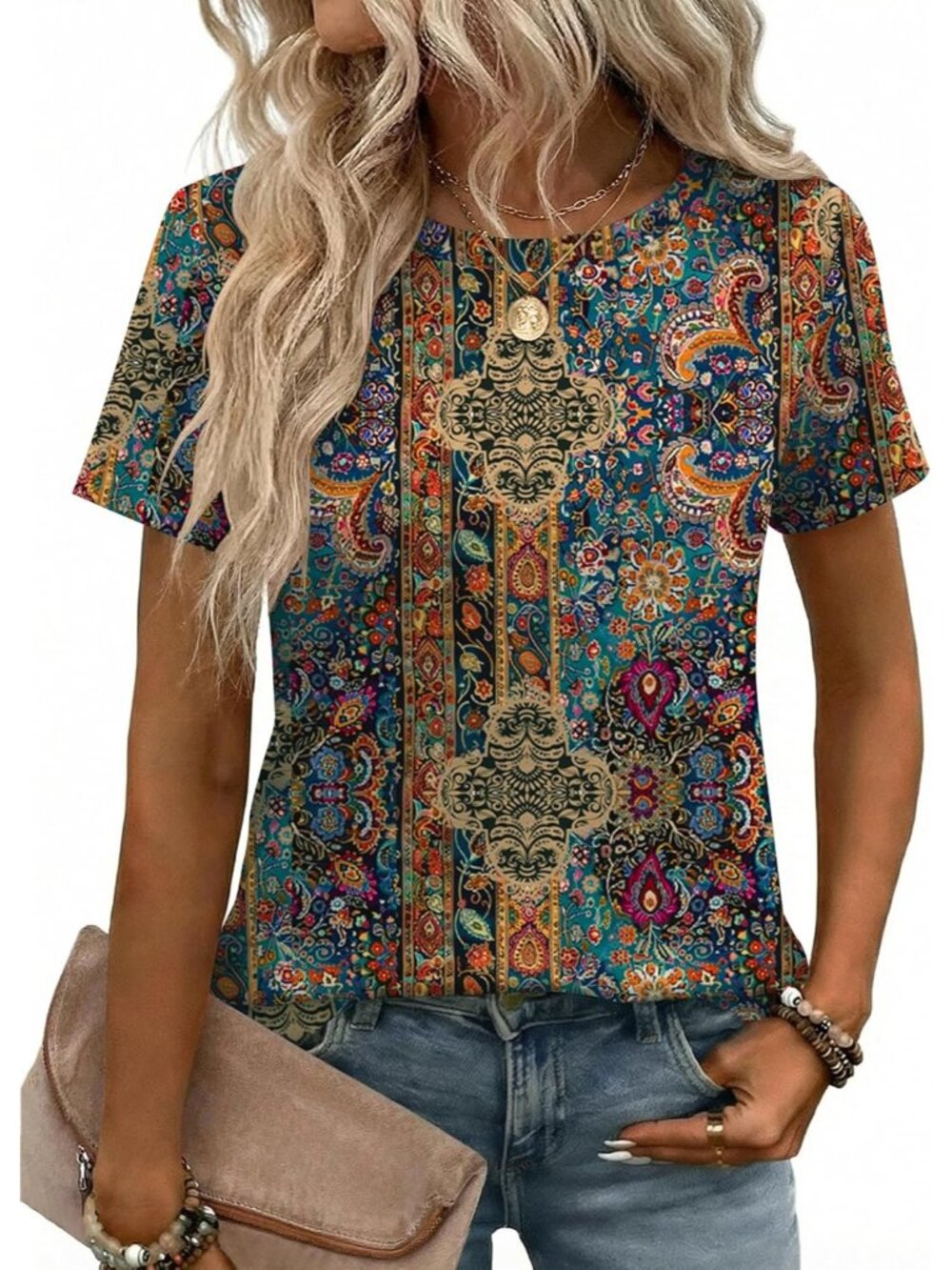 Women's Boho Multi-colour Short Sleeve Crew Neck Casual Basic Imported Tee Shirt